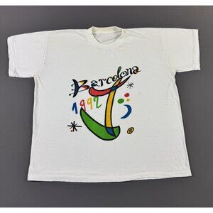 Rare Vintage 90s Barcelona 1992 Art Painting Graphic Boxy White Shirt Streetwear